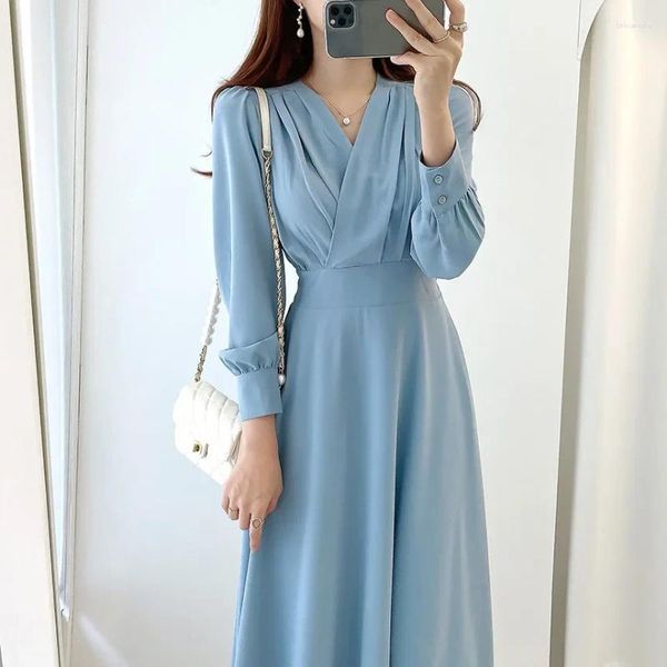 Vestidos casuales coreano chic vintage para mujeres plisado cruzado con cuello en v cintura alta delgado temperamento elegante vestido de manga larga hasta la rodilla