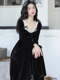 Casual jurken Koreaans design zwart fluwelen jurk vrouw vintage Victoriaanse stijl kanten boog flare mouw romantische dame sprookjesvestido negro
