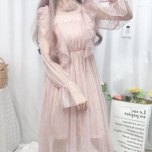 Robes décontractées coréenne élégante fête Tulle robe femmes japonais Lolita à volants maille à manches longues rose fille princesse Midi Galaxy Tutu ensemble