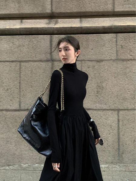 Vestidos casuales coreano elegante vintage vestido midi manga larga delgado oficina dama otoño alto cuello plisado negro chic mujeres vestidos