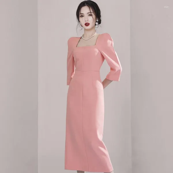 Vestidos informales Corea Elegante Mujeres Cuidado cuadrado Midi Midi Vestido 2024 Negocios Summer Pink Oficina Damas Slim Forycon Work ropa