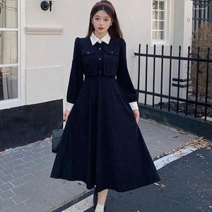 Robes décontractées coréen faux deux pièces épaissir mince dames noir automne manches longues velours côtelé maxi robe femmes vestidos de mujer