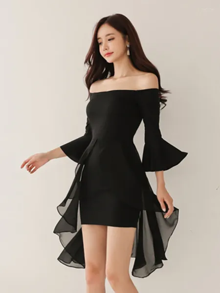 Vestidos casuales Moda coreana Vestido de noche corto negro Elegante Ropa de mujer bonita Chic Sexy Off-Hombro Slim Mini Party Prom Mujer