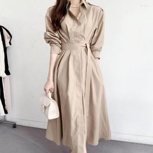 Vestidos casuales Moda coreana Chic Primavera Turn Down Collar Shirt Dress Mujeres Single Breasted Lantern Sleeve Mujer Lace Up Belt Long