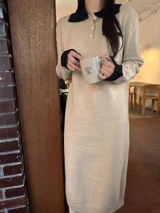 Robes décontractées Mode coréenne Contraste Couleur Robe Femmes Tricoté Revers Manches Longues Pull Lâche Robes Harajuku