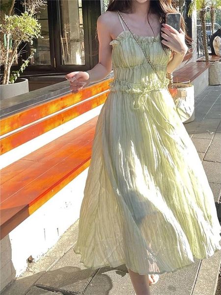 Vestidos casuales moda coreana verde lindo vestido de correa mujeres dulce elegante fiesta midi hembra gasa francia boho playa 2023 verano