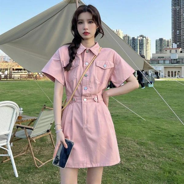 Robes décontractées Mode coréenne Harajuku Style robe pour adolescents filles femmes été rose à manches courtes col polo taille haute poches mini