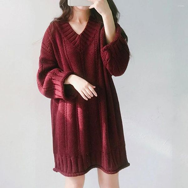 Robes décontractées Mode coréenne Robe pull tricotée Femmes Col V-Col Couleur Solide Tricot Chemise à manches longues Chemise en coton surdimensionnée