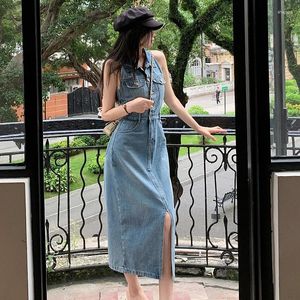 Casual jurken Koreaanse mode mouwloze denim jurk dames streetwear zomer split lange jeans vestidos