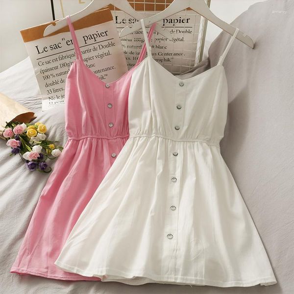 Casual Kleider Koreanische Mode V-ausschnitt Sommer Kleid Frauen Einreiher Vintage Spaghetti Strap Vestidos Elegantes Para Mujer Dropship