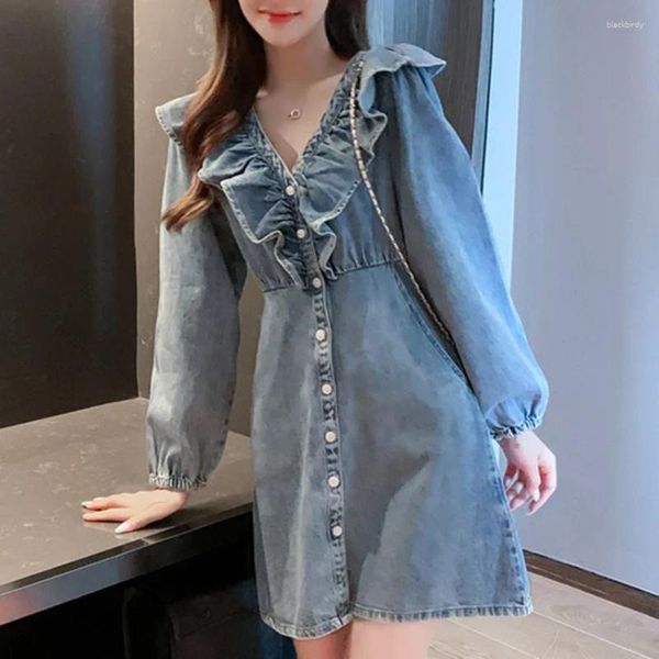 Robes décontractées Mode coréenne Vintage Denim Femmes Manches longues Volants Sweet Jeans Robe Une ligne Mini Robes