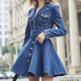 Robes décontractées coréen plis taille mince Femme jean robe à manches longues col rabattu Demin Vestidos Femme 2023