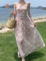 Casual jurken Korean Halter Women Holiday Beach Dress Elegant Rose Floral Print Fairy Mesh Midi Summer Sweet Party Vestidos Mujer Maxi