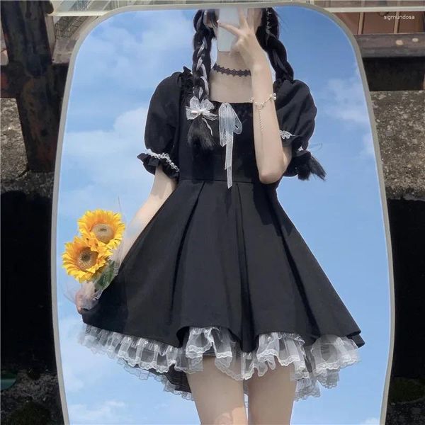 Robes décontractées coréen kawaii lolita robe femme goth harajuku mignon en dentelle noire manche bouffée