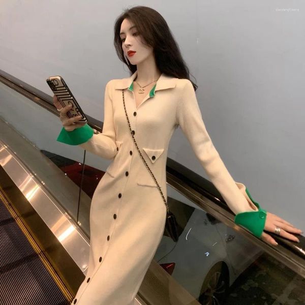 Vestidos casuales Coreano Manga larga Solapa Slim Punto Suéter Vestido Mujer Solo Pecho Moda Bolsillo Elegante Chic Damas Vestidos