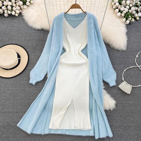 Vestidos informales coreanos sueltos de longitud media tejido cárdigan abrigo sin mangas vestido 2 uds conjunto mujer Otoño Invierno cuello en V Split Slim Fit