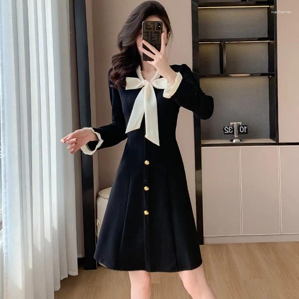 Robes décontractées coréen une pièce robe femme vintage preppy arc à lacets couches longues ol noire mini vestidos de fête mince élégante J089