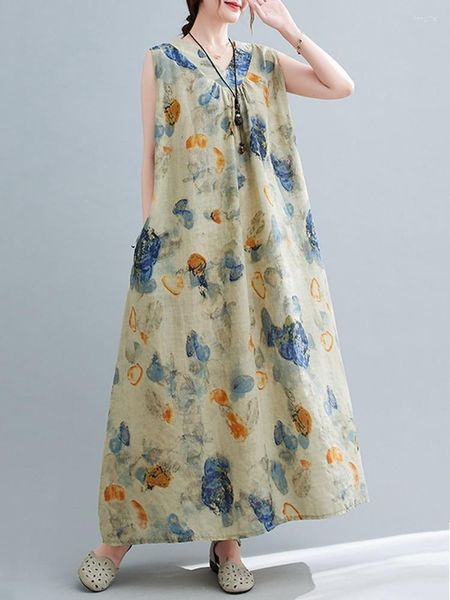 Robes décontractées coréen surdimensionné sans manches coton Vintage Floral réservoir pour femmes ample Maxi longue robe d'été femme vêtements 2023