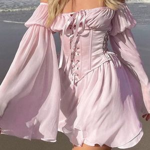 Robes décontractées coréen rose mousseline de soie col sergé mini robe dames été plage vacances à manches longues corset bandage fête