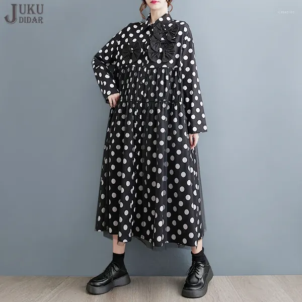 Vestidos casuales estilo coreano otoño lunares impresos sueltos ajuste grande tamaño mujer camisa negra vestido arcos unidos gran bata elegante JJXD591