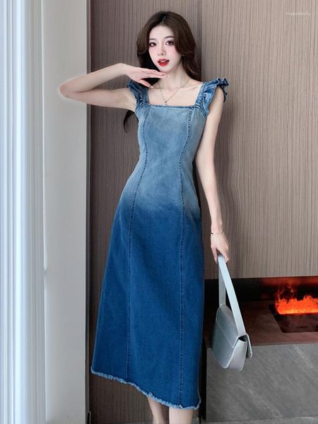 Robes décontractées Style coréen Mode Versatile Manches Volantes Doux Denim Robe Femmes D'été Vintage Gradient Slip Slim Slit Long Vestidos 2023