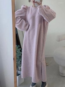 Robes décontractées Style coréen Faux laine d'agneau épaissi longue femme automne hiver col rond couleur unie manches longues robe vintage femme