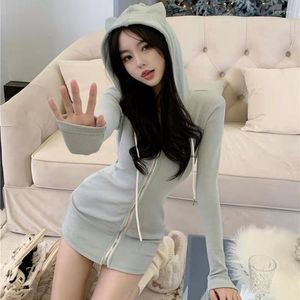 Robes décontractées style coréen kawaii noire mini robe femme manches longues zip up hoojuku sweat à capuche de mode streetwear