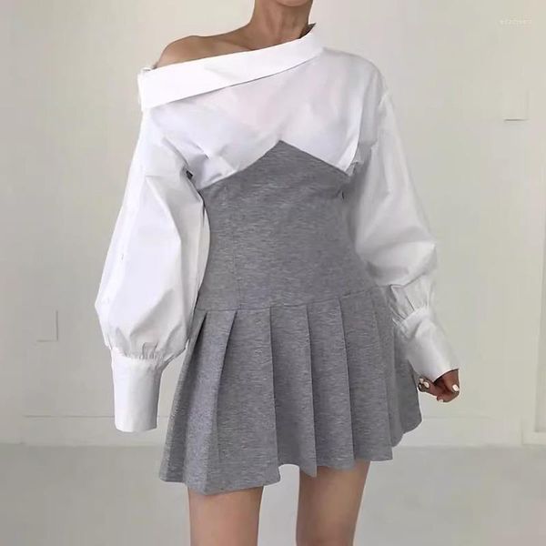 Robes décontractées Style coréen Robe courte Bureau Dames Mode Noir Blanc Patchwork Chemise À Manches Longues Plissée Mini Robe Elegante