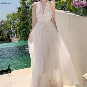 Robes décontractées été coréen sans boho plage maxi robe femme sans manche de l'épaule de la soirée élégante blanche