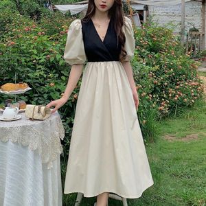 Casual jurken Koreaanse V-hals Fairy Dress Women Patchwork Design Elegant Slim Long 2022 Zomer Solid Sweet Causal Party Office Lady