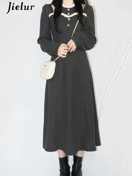 Robes décontractées coréen vintage basique A-line slim pure couleur chic féminine femelle sweet office dames automne femmes longues