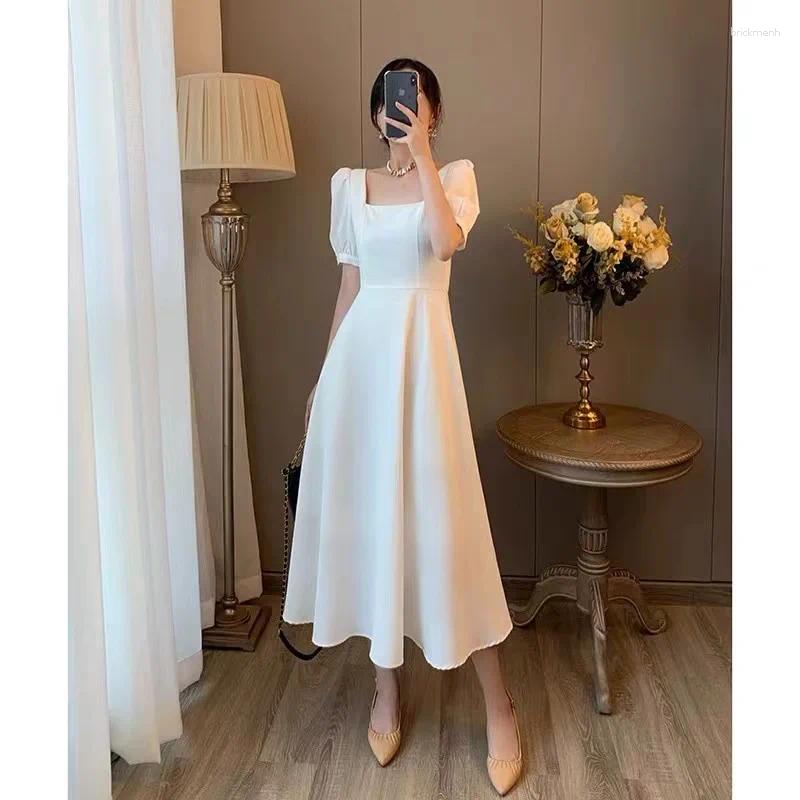 Sıradan Elbiseler Koreli Vintage Beyaz Maxi Kadınlar Partisi Balo Kare Mizaç Bodycon Uzun Midi Elbise İlkbahar Yaz Giyim
