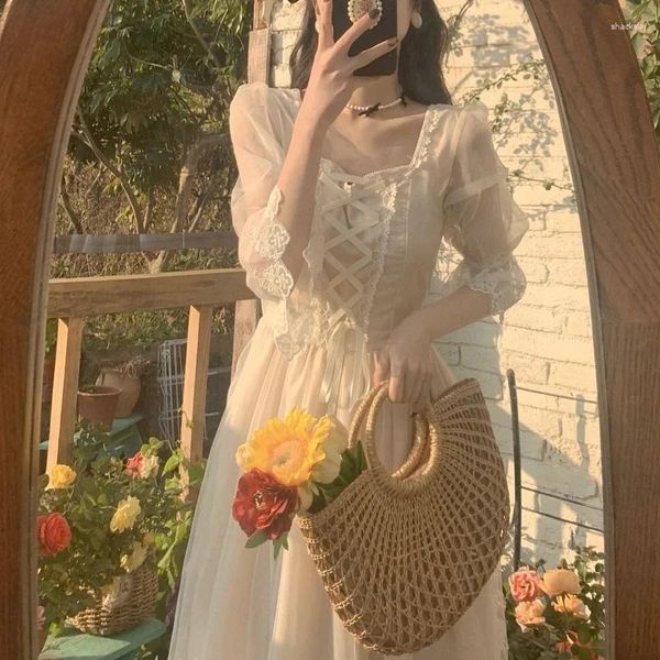 Vestidos casuales Boda coreana Mujer Vestido victoriano Vintage Midi Mujeres Encaje Elegante Princesa Primavera Fiesta francesa Hada