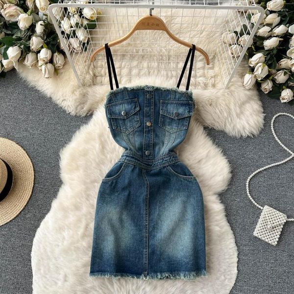 Robes décontractées femmes coréennes robe à bretelles Spaghetti Sexy Vintage mince sans manches à lacets Vestidos fille Mini Denim