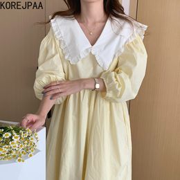 Vestidos casuales Korejpaa vestido de mujer otoño coreano dulce temperamento damas hit color muñeca collar suelto mangas de soplo grande swing vestidos 230224