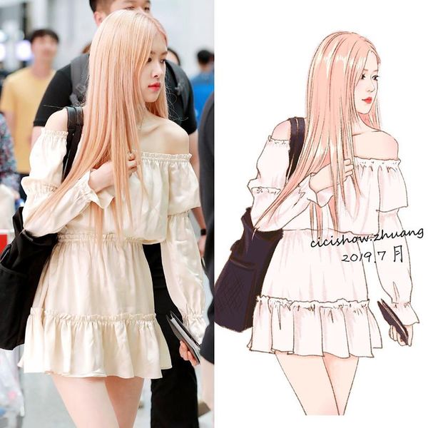 Vestidos casuales KPOP celebridad coreana mismo cuello de una palabra vestido de hombro mujeres verano suelto recibir cintura trompeta manga hada