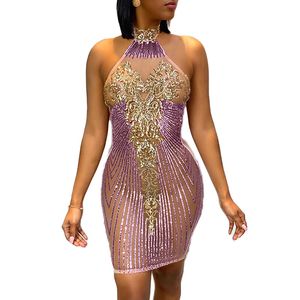 Sexy Lentejuelas Halter Neck See Through Mini vestido Mujer Primavera Backless Bodycon Fiesta Cumpleaños Trajes