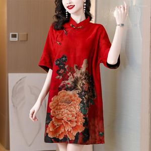 Robes décontractées Kuatai Vintage imprimé lourd Satin parfumé gaze robe femmes mi-longueur Style chinois amélioré Cheongsam