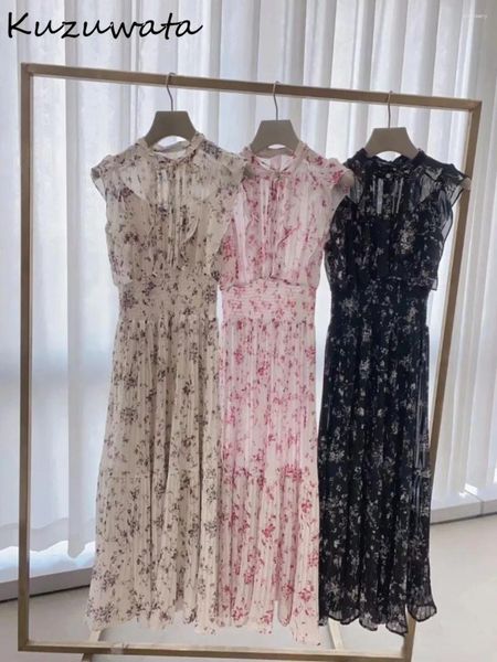 Vestidos casuales Kuzuwata elegante cuello de pie vestido de manga de mariposa Slim Fit Print Lace Up Chiffon Patchwork Robe Japón Vestidos de primavera