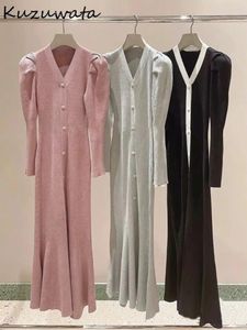 Robes décontractées Kuzuwata élégant col en V manches bouffantes coupe ajustée robe douce patchwork simple boutonnage sirène robe solide japon tricot moda