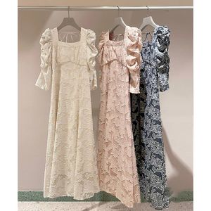 Casual jurken kuzuwata Japanse elegante vierkante nekvestido feminino jacquard bubble mouw jurken Franse stijl backless veter mantel 230512