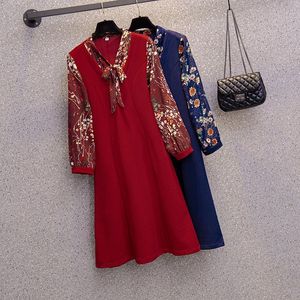 Vestidos casuales L-5XL elegante vestido Formal mujer otoño moda arco lazo cuello en V gasa estampado manga larga Patchwork rojo