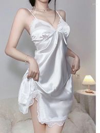 Robes décontractées en dentelle femme mince pyjama sexy fourche solide camisole en soie sans sout