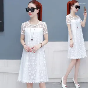 Casual jurken kanten stoffen jurk middellange Koreaanse losse en plus-size A-line vrouw vrouw Vestido de mujer femme gewaad