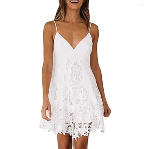 Robes décontractées dentelle fleur robe d'été mode femmes Sexy dos nu sans manches col en v solide fille Camis Mini 2023 Boho