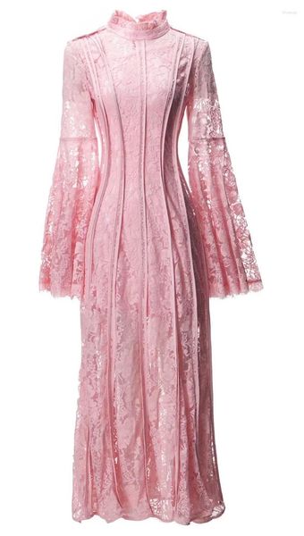 Robes décontractées Robe longue en dentelle 2024 Printemps Été Occasion spéciale Femmes Allover Crochet Broderie Flare Manches Blanc Rose