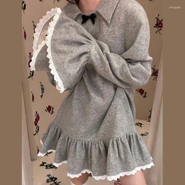 Robes décontractées dentelle patchwork manches évasées mode coréenne mini robe noeud revers gris épaissi coton tissu lâche sirène princesse 2024