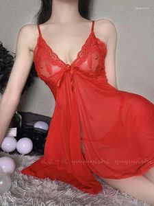Robes décontractées dentelle sexy lingerie évider vêtements femmes matures charme élégant doux transparent solide maille robe à bretelles rouge PN2O