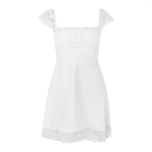 Vestidos informales Manga de encaje Vestido blanco sin espalda Collar Summer Women Mini 2024 Lace-up Holiday Ladies Sundresses