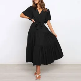 Robes décontractées Lace Up Flowy A-Line Midi Robe Femmes Summer Summer Boho Swing Party Cocktai V-Col